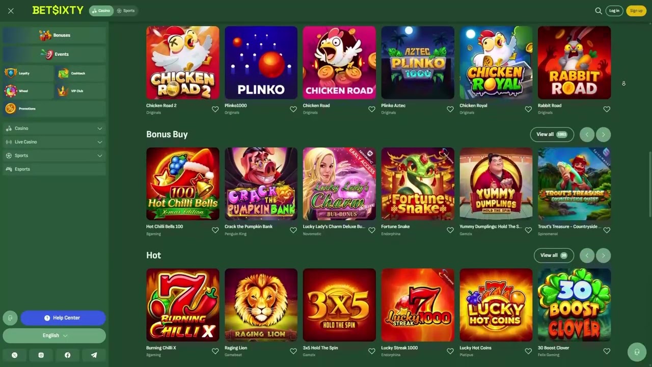 BetSixty casino hoofdpagina screenshot